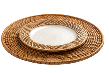Woven Rattan Charger Plate With Ceramic Insert Isolated on Transparent Background