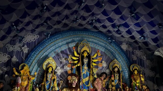 Subho mahalaya, Video of an handmade colorful idol of Goddess Durga  installed in decorated colorful Pandal during navratri festival. 