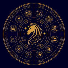 Zodiac Wheel with Golden Horse — Celestial Zodiac Design