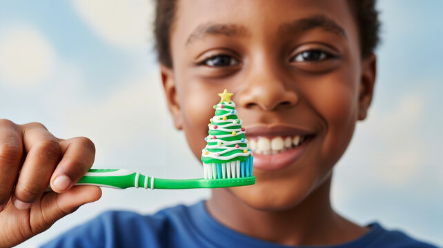 Happy young black boy holding toothbrush shaped like Christmas tree  