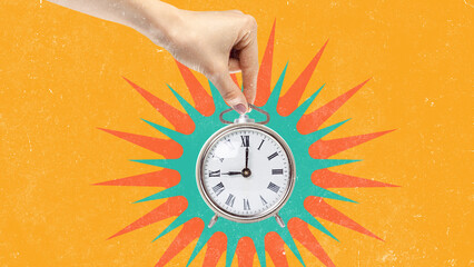 Hand holding alarm clock against vibrant orange background with colorful starburst design