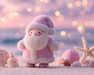 Pink Christmas Santa with Seashells and Starfish on a Tropical Beach