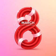 Glossy 3D Red Number Eight Sculpture with Flowing Pink Ribbon for International Women's Day Celebration