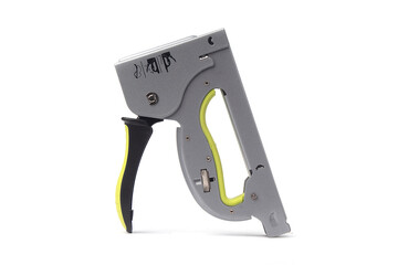 A heavy-duty manual hand stapler or hand tacker in silver-gray with an ergonomic neon yellow-green grip and a black trigger handle.