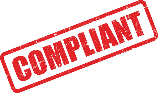 Distressed red rectangular compliant stamp with rough edges displayed diagonally on a transparent background