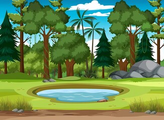 Lush Cartoon Forest Path: Sunny Woodland Adventure Background