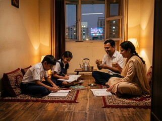 Indian Family Helping Children With Homework In Traditional Home Living Room At Night