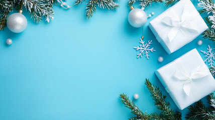 Winter holiday background with pristine white gifts, snowflake decorations, silver ornaments, and snowy fir branches on blue copy space.