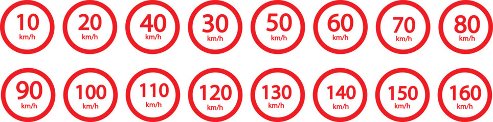 Speed limit sign 10, 20, 30, 40, 50, 60, 70, 80, 90, 100, 110, 120, 130, 140, 150, 160 km h icon. Road signs with speed limit warnings. printable traffic signs and symbols. Speed limit road sign icon 