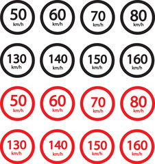 Speed limit sign 10, 20, 30, 40, 50, 60, 70, 80, 90, 100, 110, 120, 130, 140, 150, 160 km h icon. Road signs with speed limit warnings. printable traffic signs and symbols. Speed limit road sign icon 