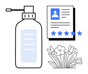 Bottle with dispenser, user profile document featuring star ratings, and blooming flowers. Ideal for self-care, customer reviews, skincare, beauty ratings, eco-products, branding digital identities