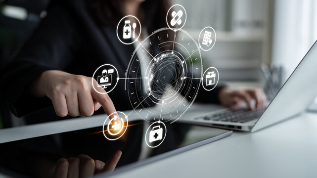 Online pharmacy icons showing medicine, healthcare, prescription and medical services with digital pharmacy, online drugstore, telemedicine and modern pharmaceutical solutions. Entice