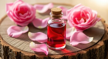 Small glass bottle of red essential oil with cork stopper surrounded by pink rose petals on rustic wooden surface
