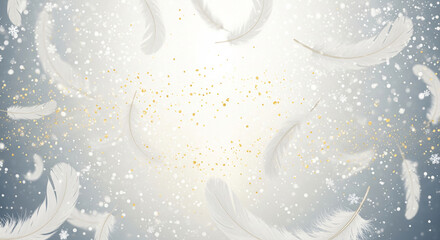 Fluffy white feathers against a blurred blue and white background with falling snow or snowflakes