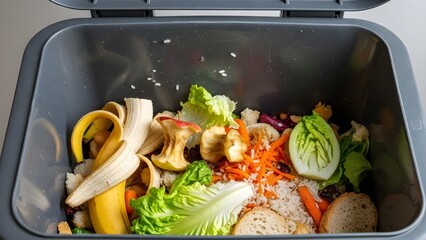 Organic food waste in a gray compost bin, food scraps and kitchen garbage.