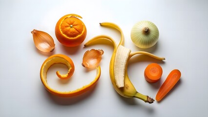 Fresh fruit and vegetable peels composition on white background for composting.