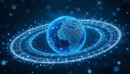 Digital earth globe with glowing network, symbolizing global connectivity, future technology, innovation, and worldwide business solutions in the modern world