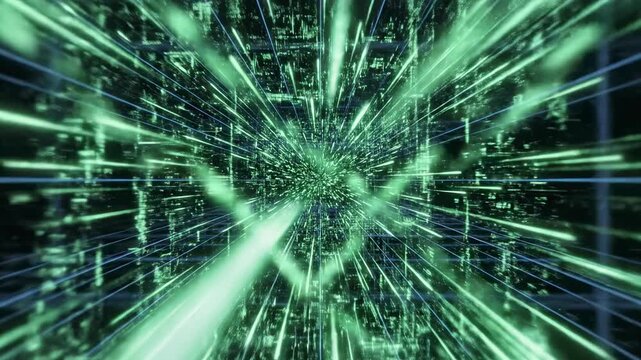 Complex digital data streams visualized as bright green light trails rapidly tracing paths across a three dimensional geometric grid structure bright green light trails, abstract, energy flow
