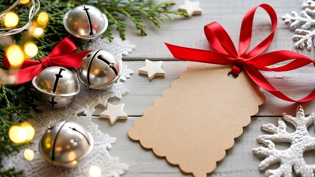Festive christmas scene with silver jingle bells tied with red ribbon and a blank gift tag on a wooden background - Powered by Adobe