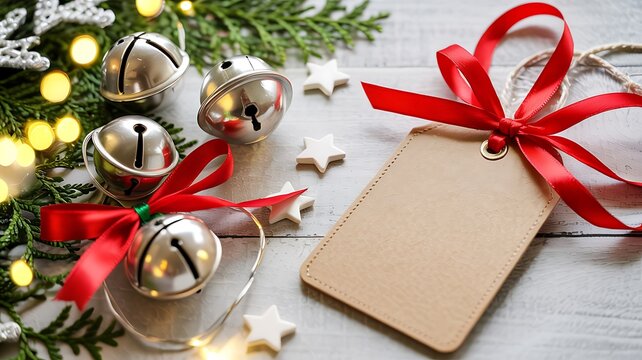 Festive christmas scene with a blank gift tag tied with a red ribbon next to a decorated tree with bells and lights
