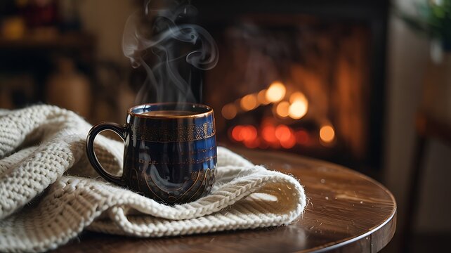 Cozy steaming mug of hot coffee or tea resting on a knitted blanket near a warm glowing fireplace on a wooden table