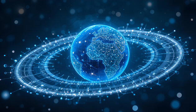 Digital earth globe with glowing network, symbolizing global connectivity, future technology, innovation, and worldwide business solutions in the modern world