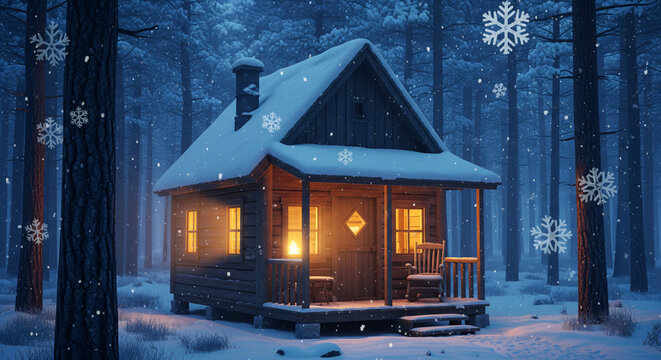 Cozy cabin in a snowy forest at dusk with warm lights glowing - Powered by Adobe