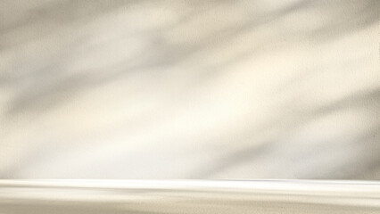 Beige room background with sunlight superimposed shadow leaves on the wall. autumn background...