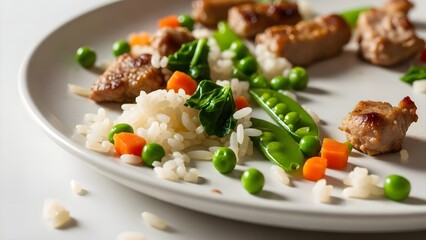 Uneaten Leftovers on a White Plate: Rice, Chicken, Peas, and Carrots. Food Waste Concept.