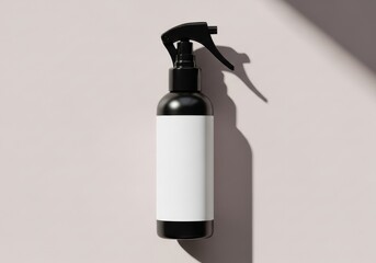Black spray bottle with blank white label in soft shadow on neutral background
