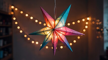 Colorful illuminated paper star lantern hanging indoors with warm fairy lights in the background creating a festive atmosphere