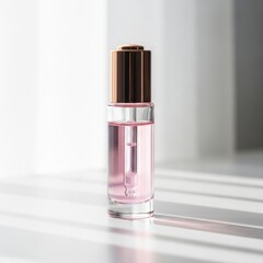 Elegant glass cosmetic serum bottle with pink liquid and metallic cap in soft natural light
