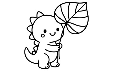 Cute dinosaur holding plant leaf: adorable black and white cartoon design