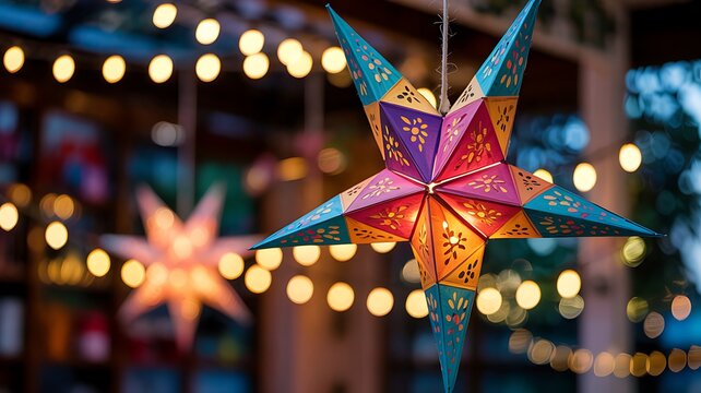 Colorful traditional star shaped pi ata hanging illuminated by festive string lights creating a celebratory atmosphere