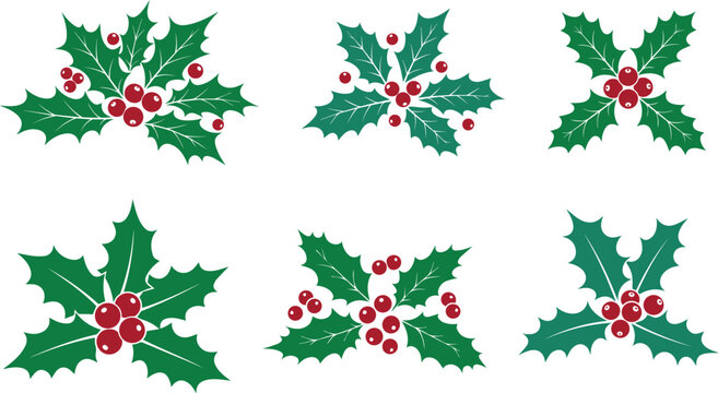 Christmas holly leaves and berries, Designed in a clean, simple, festive vector style, Perfect for holiday décor, green & read color six different style design for holiday,  clean & simple design. 