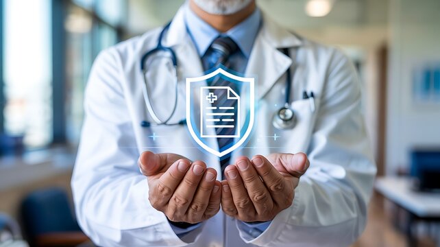 Doctor in white coat holding glowing shield with medical document symbolizing healthcare security and patient data protection - Powered by Adobe