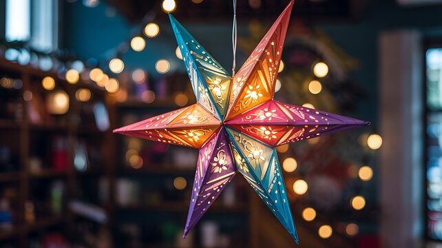 Vibrant rainbow colored star lantern illuminated with warm bokeh lights creating a festive and magical atmosphere indoors