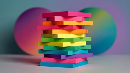 A vibrant tower of colorful sticky notes stacked in a rainbow gradient against a soft gradient background with blurred easter eggs