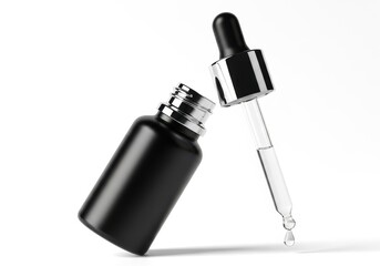 Black matte dropper bottle with chrome pipette on white background, modern cosmetic serum packaging mockup
