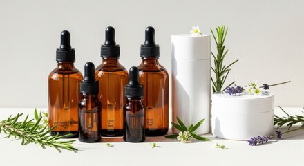 Amber glass dropper bottles with white cosmetic jars and natural herbs on light background, organic skincare packaging display
