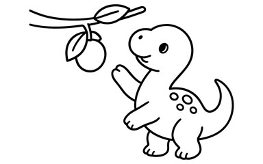 Obraz premium Cute dinosaur reaching for fruit on a branch in outline art style
