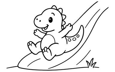 Cute dinosaur riding slide in simple cartoon style for kids coloring activity