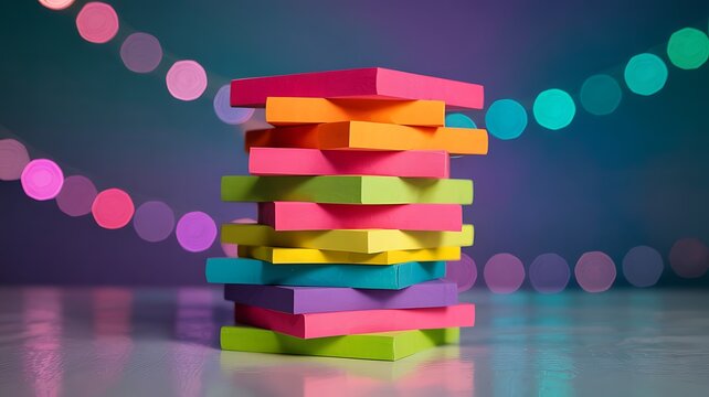 A vibrant tower of colorful sticky notes stacked precariously against a bokeh background of blurred festive lights creating a playful and energetic mood