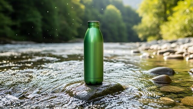 Green reusable water bottle standing on a rock in a clear fast flowing river surrounded by forest - Powered by Adobe