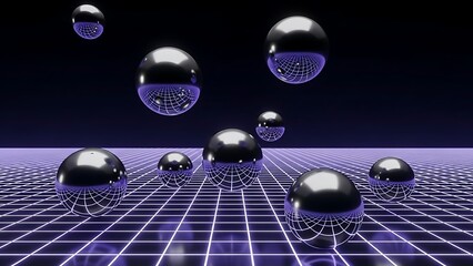 Chrome reflective spheres floating above neon purple glowing wireframe grid surface against dark background