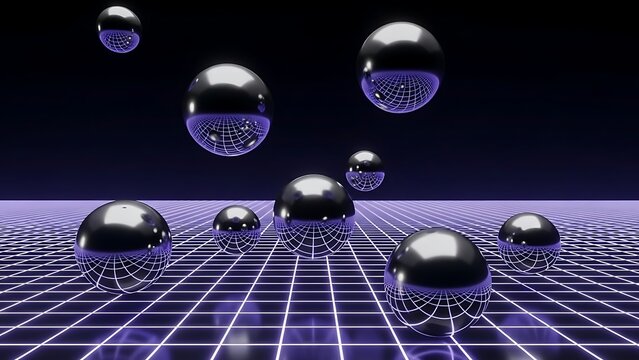 Chrome reflective spheres floating above neon purple glowing wireframe grid surface against dark background
