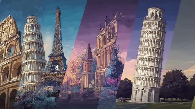 Vivid collage of iconic monuments Colosseum, Eiffel Tower, Leaning Tower of Pisa, Notre Dame city!