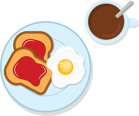 Vector illustration of a traditional morning meal with toast, strawberry jelly, a fried egg, and a cup of coffee, viewed from above