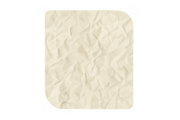 Crumpled blank paper on transparent background, aged textured parchment with soft rounded corners for note or message
