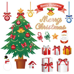 Christmas Decoration Elements Set: Tree, Santa, Reindeer, and Gifts
